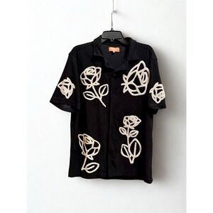NEGATIVE SPACE TERRY ARTSY EMBROIDERED FLORAL FALL BLACK BUTTON SHIRT SIZ M